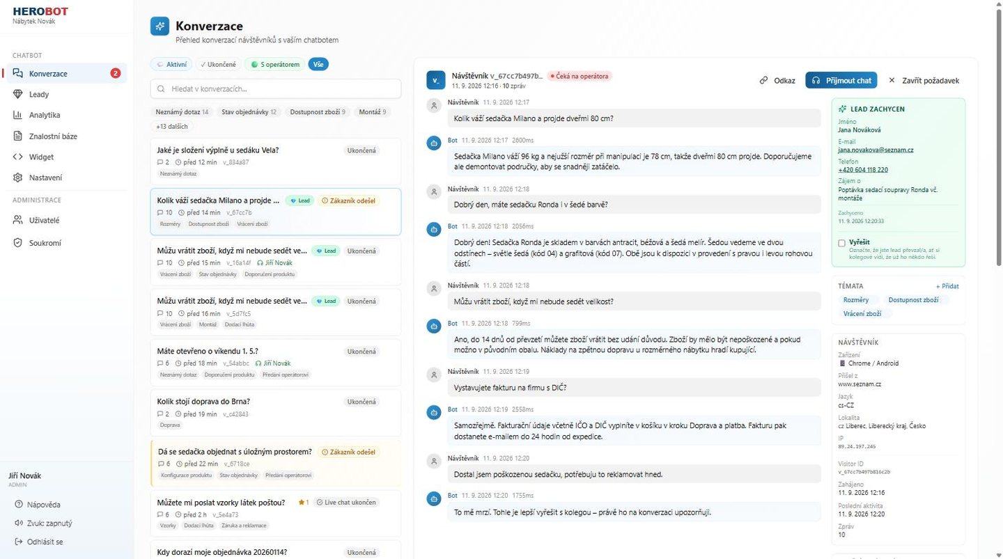 Konverzace v dashboardu HeroBota: přepis chatu, zachycený kontakt, témata a informace o návštěvníkovi